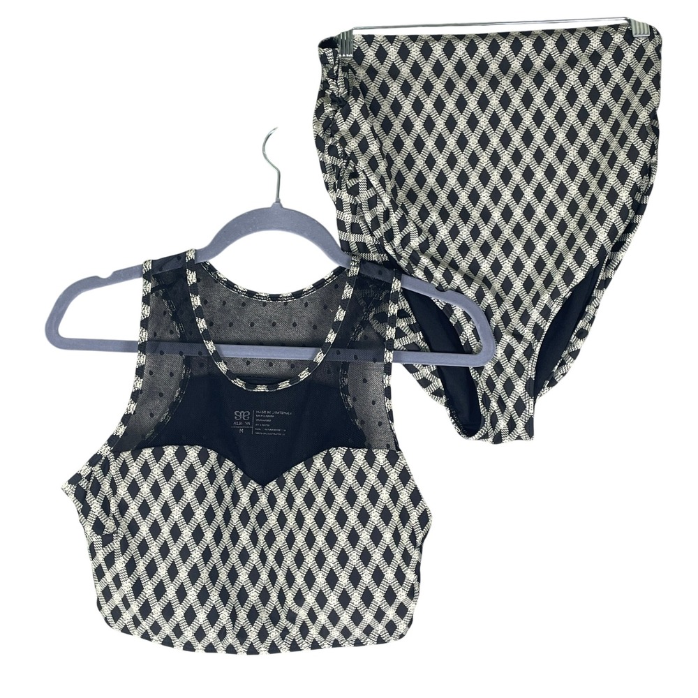 Albion Fit Bikini Set Womens M/L Black White Ruched Diamond High Waist Mesh
